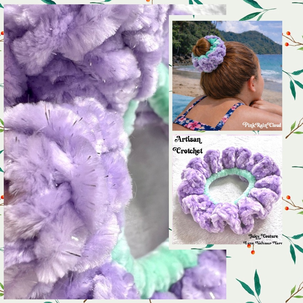 Handmade VELVET Purple Sparkle Mint Green Crochet Scrunchie Hair Tie